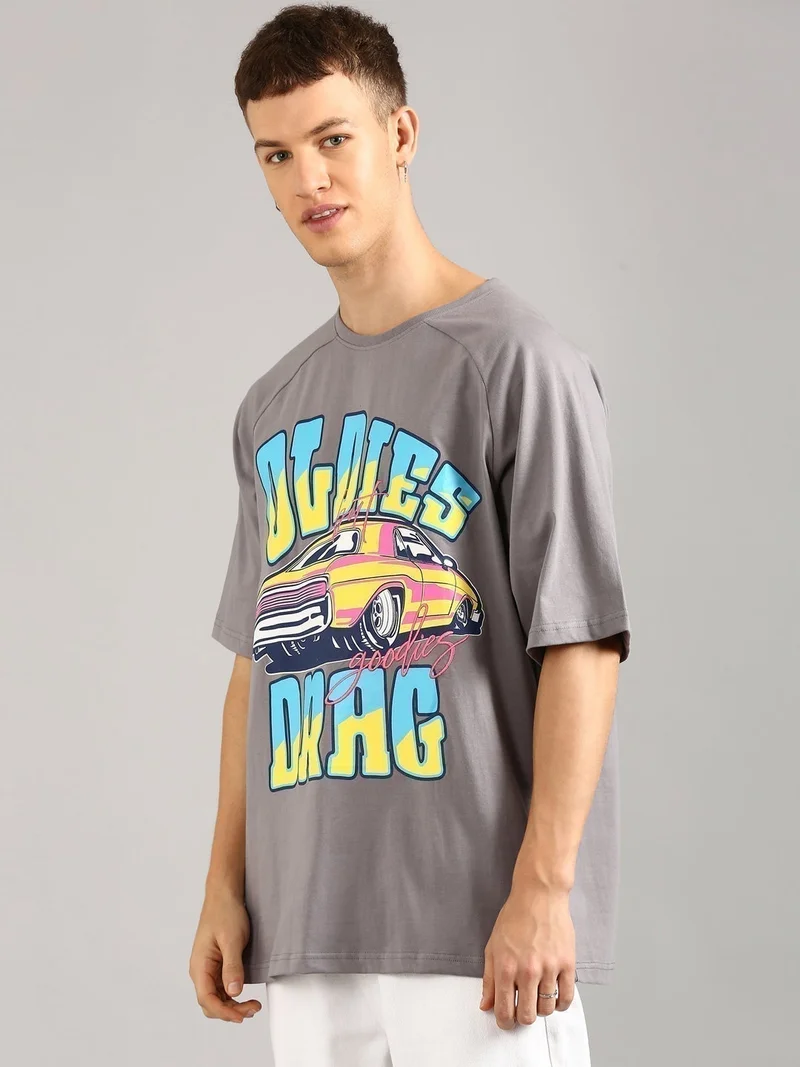 Joven Men Grey Printed and Embroidered Pure Cotton Oversized Raglan T-Shirt