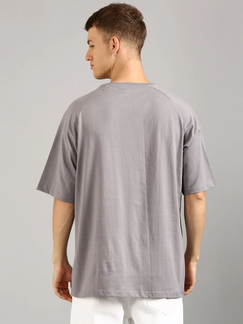 Joven Grey Men Grey Printed and Embroidered Pure Cotton Oversized Raglan T-Shirt for Men | Best Price UAE