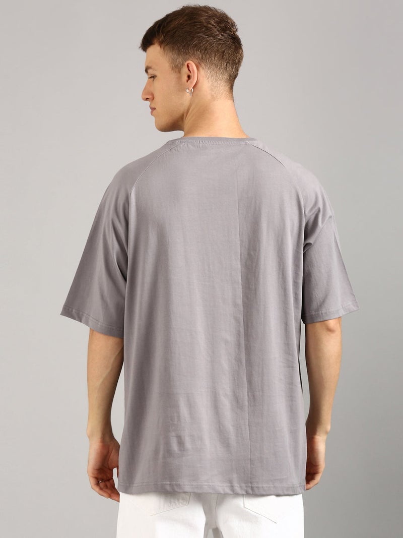 Joven Men Grey Printed and Embroidered Pure Cotton Oversized Raglan T-Shirt - Image 3