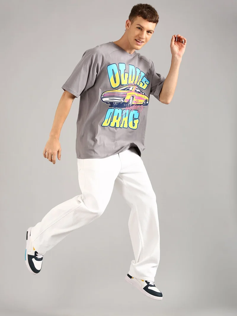 Joven Grey Men Grey Printed and Embroidered Pure Cotton Oversized Raglan T-Shirt for Men | Best Price UAE