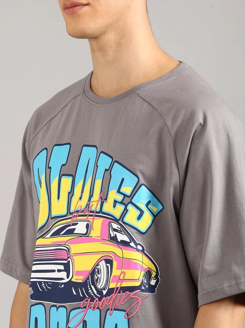 Joven Grey Men Grey Printed and Embroidered Pure Cotton Oversized Raglan T-Shirt for Men | Best Price UAE