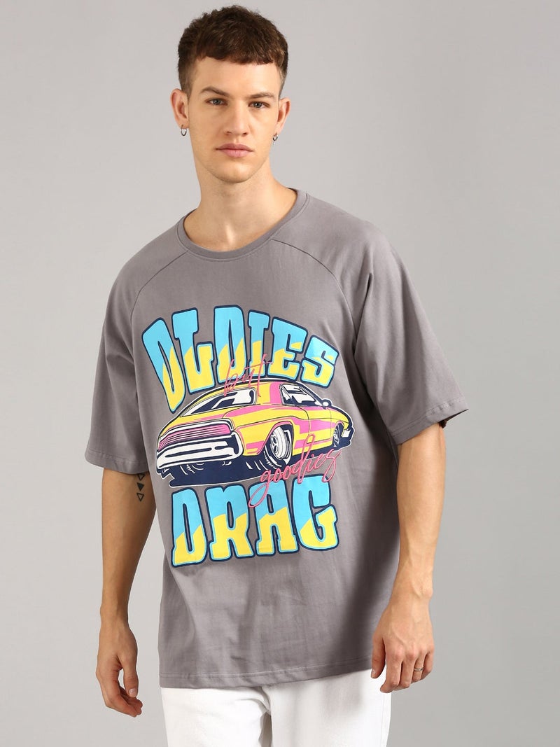 Joven Men Grey Printed and Embroidered Pure Cotton Oversized Raglan T-Shirt - Image 2