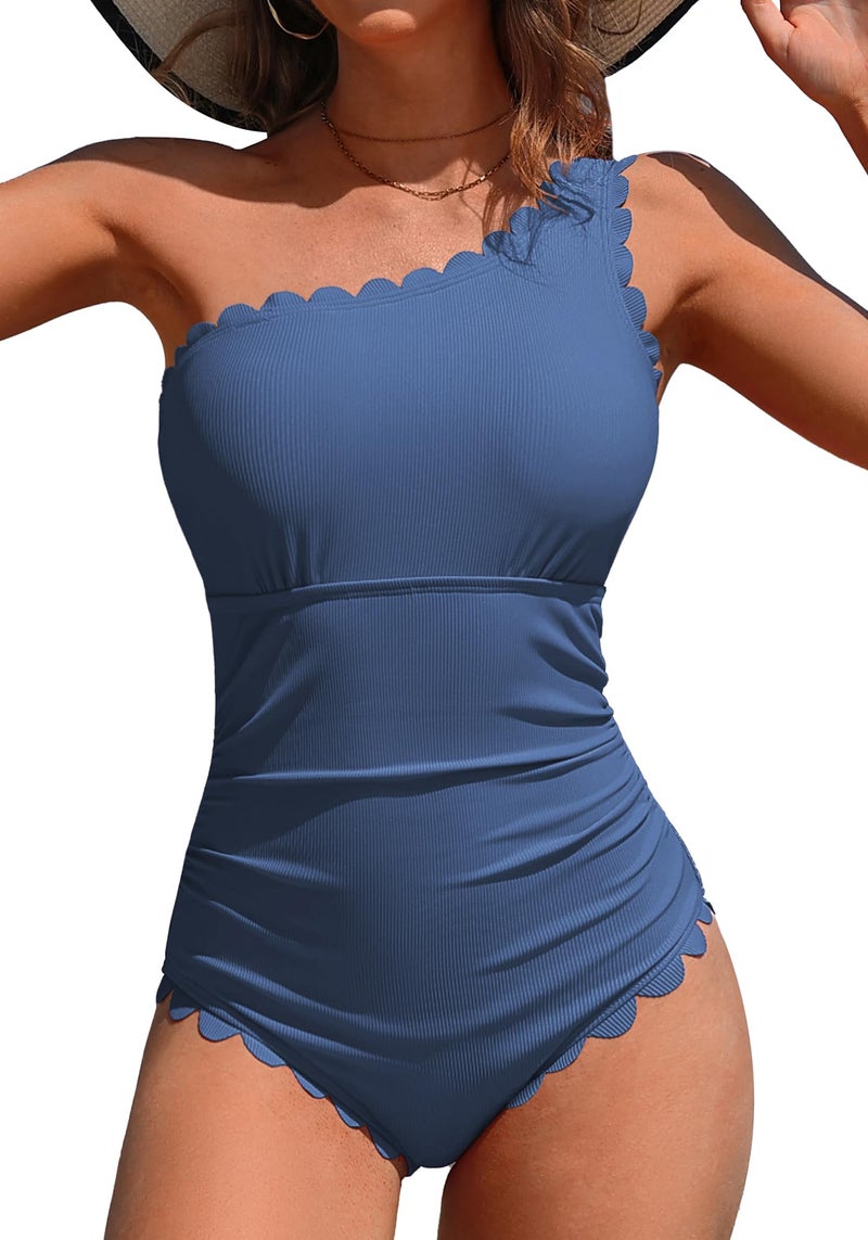 Charmo Bathing Suit Women One Shoulder One Piece Swimsuit Women Scalloped Tummy Control Swim Suits for Women Blue M - Image 1