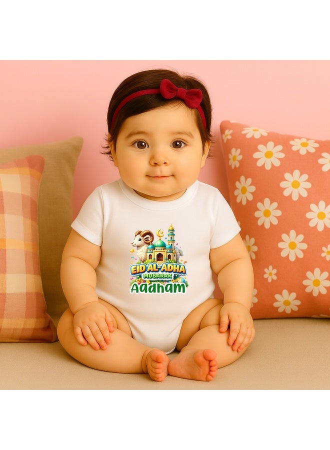 PRINTSHOP4ME Eid Al Adha Personalized Baby Romper Bodysuit Short Sleeve White 100% Cotton Custom Name Front Print Newborn Infant Baby Gift - Image 2