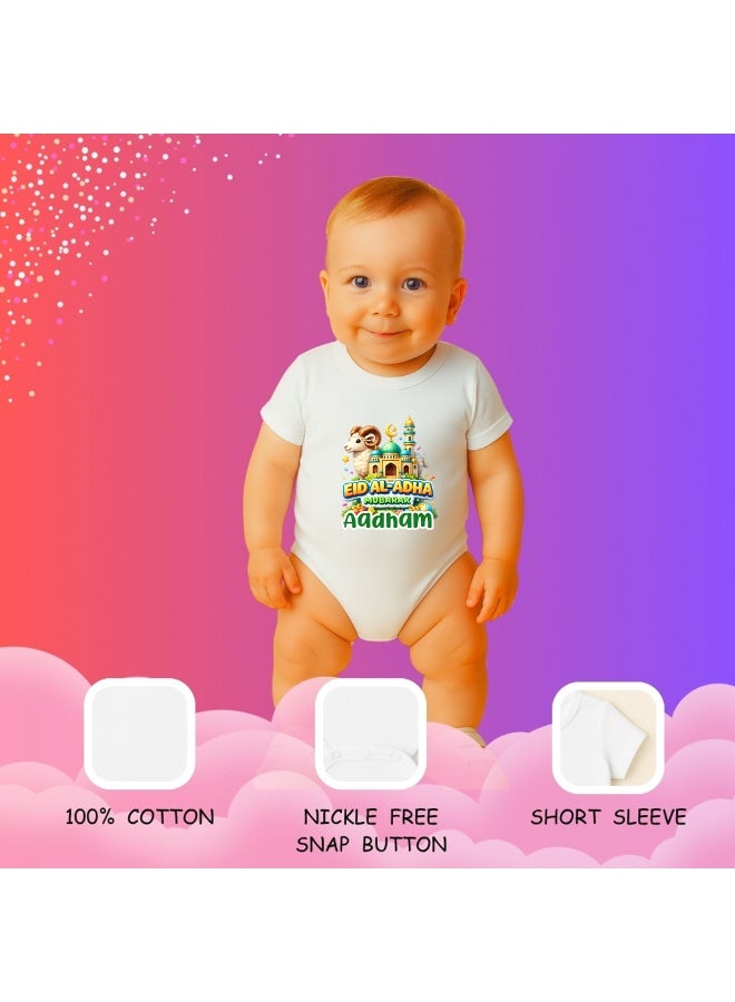 PRINTSHOP4ME Eid Al Adha Personalized Baby Romper Bodysuit Short Sleeve White 100% Cotton Custom Name Front Print Newborn Infant Baby Gift - Image 3