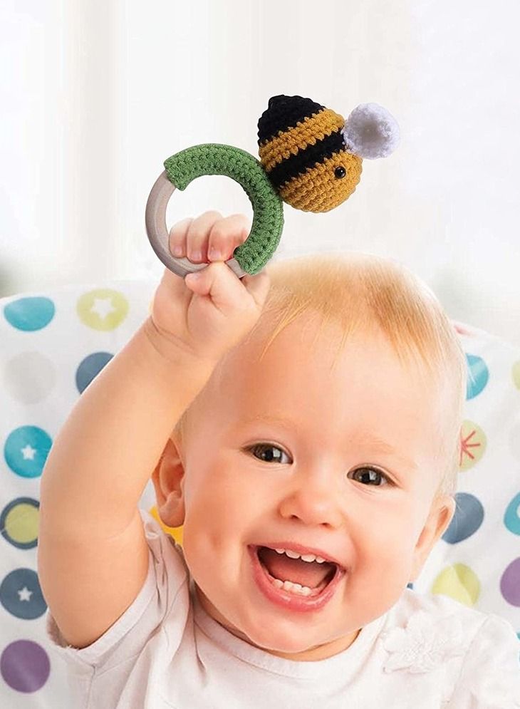 WAOKN Baby Crochet Rattle Wooden Rings Animal Shape Knitted Handmade Grasping Toy Baby Teething Toy For Birth Girl Boy Baby Baby Shower  - Image 5