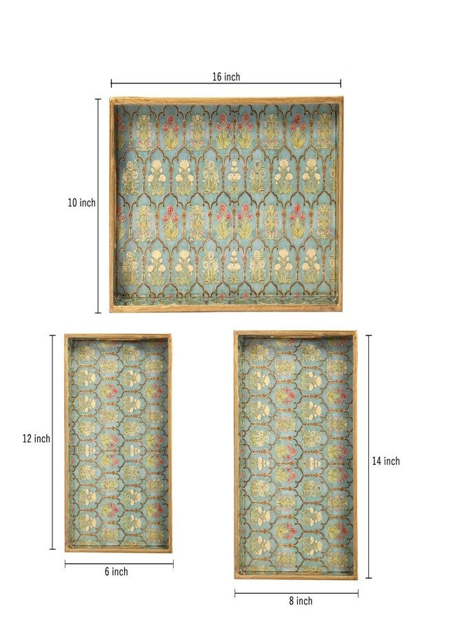 DULI Set of 3 Waterproof Wooden Trays – Traditional Jharoka and Flower Motif Design, Multipurpose Lacquer Coated MDF Serving Trays (16x10, 14x8, 12x6 Inches)(Set3NonWP- FloralJharoka) - Image 5