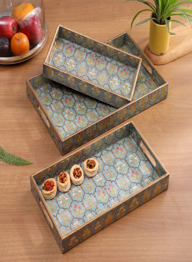 DULI Set of 3 Waterproof Wooden Trays – Traditional Jharoka and Flower Motif Design, Multipurpose Lacquer Coated MDF Serving Trays (16x10, 14x8, 12x6 Inches)(Set3NonWP- FloralJharoka) - Image 2