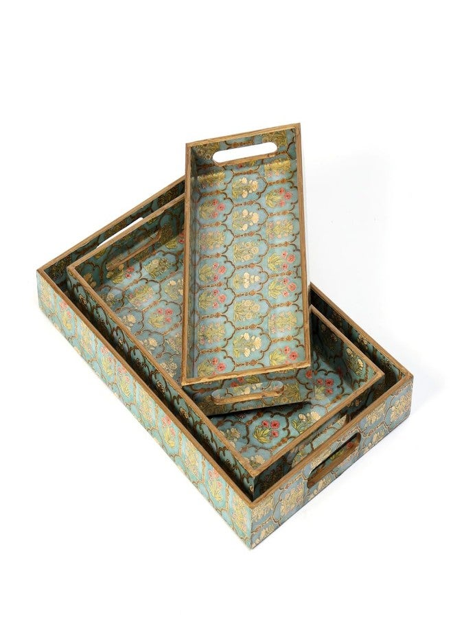 DULI Set of 3 Waterproof Wooden Trays – Traditional Jharoka and Flower Motif Design, Multipurpose Lacquer Coated MDF Serving Trays (16x10, 14x8, 12x6 Inches)(Set3NonWP- FloralJharoka) - Image 4