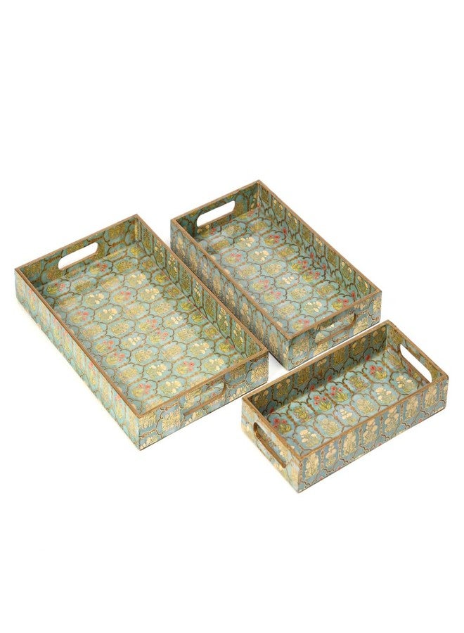 DULI Set of 3 Waterproof Wooden Trays – Traditional Jharoka and Flower Motif Design, Multipurpose Lacquer Coated MDF Serving Trays (16x10, 14x8, 12x6 Inches)(Set3NonWP- FloralJharoka) - Image 3