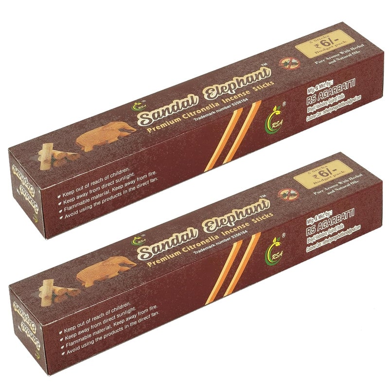 RSA Sandal Elephant Pack of 2 Mosquito Repellent Original RS AGARBATTI Premium Citronella Incense Sticks GardenHome use Anywhere 260 Units - Image 1