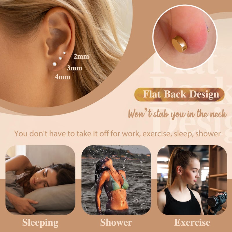 Yadoca Small Flat Back Earrings for Women Men - Hypoallergenic 14K Gold Plated Surgical Steel Screw Flat Back Stud Earrings Tiny Cartilage Earring Sets For Multiple Piercing 2/3/4mm 18pairs - Image 3