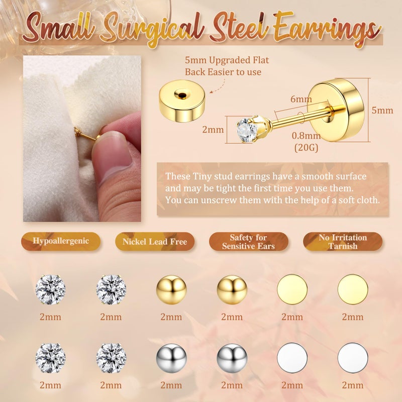 Yadoca Small Flat Back Earrings for Women Men - Hypoallergenic 14K Gold Plated Surgical Steel Screw Flat Back Stud Earrings Tiny Cartilage Earring Sets For Multiple Piercing 2/3/4mm 18pairs - Image 2