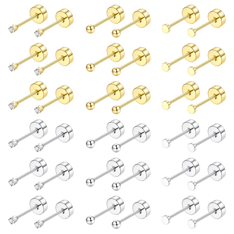 Yadoca Small Flat Back Earrings for Women Men - Hypoallergenic 14K Gold Plated Surgical Steel Screw Flat Back Stud Earrings Tiny Cartilage Earring Sets For Multiple Piercing 2/3/4mm 18pairs - Image 1