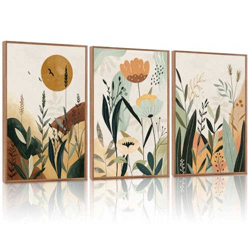 KAIRNE Neutral Floral Wall Art Set of 3,Framed Abstract Prints,Vintage Colorful Flower Canvas,Boho Botanical Artwork,Minimalist Farmhouse Decor for Living Room Bedroom Kitchen Office,16X24 inch - Image 1