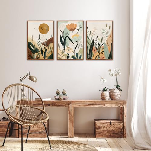 KAIRNE Neutral Floral Wall Art Set of 3,Framed Abstract Prints,Vintage Colorful Flower Canvas,Boho Botanical Artwork,Minimalist Farmhouse Decor for Living Room Bedroom Kitchen Office,16X24 inch - Image 3