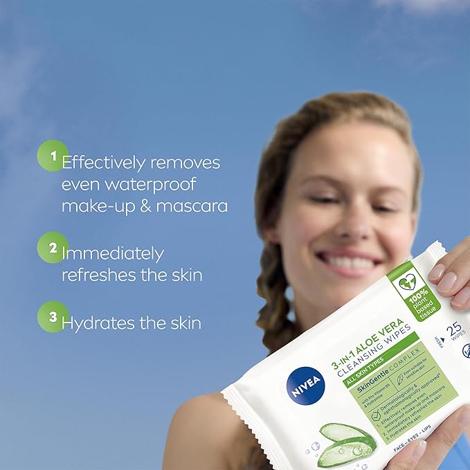 NIVEA Aloe Vera Cleansing Wipes 25 Wipes PlantBased Makeup Remover Wipes Gentle Yet Effective Hydrating Face Wipes with Organic Aloe Vera for Makeup Removal - Image 2