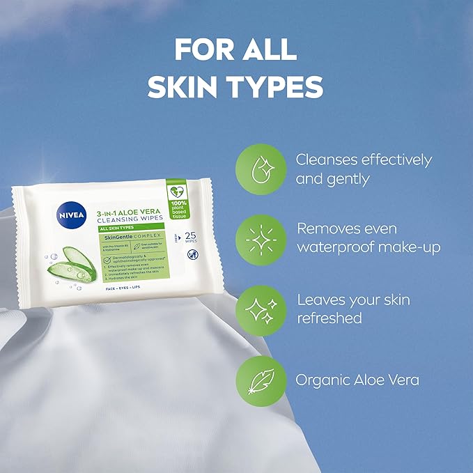 NIVEA Aloe Vera Cleansing Wipes 25 Wipes PlantBased Makeup Remover Wipes Gentle Yet Effective Hydrating Face Wipes with Organic Aloe Vera for Makeup Removal - Image 3