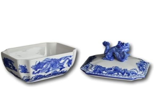 Festcool Classic Blue and White Ceramic Porcelain Jar Rectangle Canister, Sugar Candy Container, Tea Container, Dragon Button Lid, Hand-crafted Chinoiserie Decor - Image 4