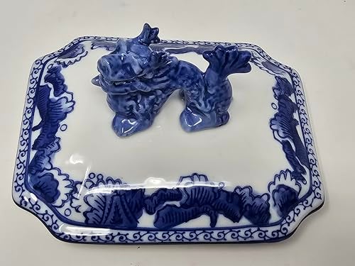 Festcool Classic Blue and White Ceramic Porcelain Jar Rectangle Canister, Sugar Candy Container, Tea Container, Dragon Button Lid, Hand-crafted Chinoiserie Decor - Image 5