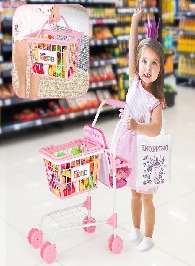 deAO Kids Shopping Cart Play Set,Pretend Food and Shop Accessories, 2 in 1 Kids Grocery Trolley with Front Doll Seat Carrier(Doll not Included) - Image 2
