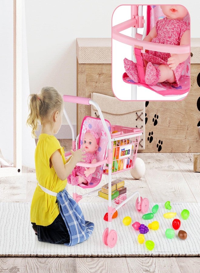deAO Kids Shopping Cart Play Set,Pretend Food and Shop Accessories, 2 in 1 Kids Grocery Trolley with Front Doll Seat Carrier(Doll not Included) - Image 3