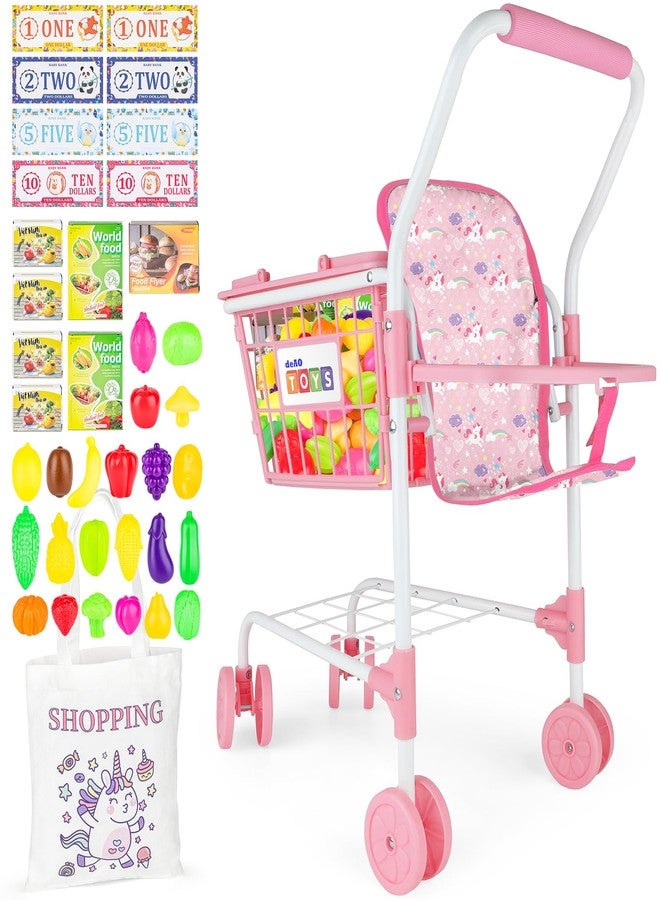 deAO Kids Shopping Cart Play Set,Pretend Food and Shop Accessories, 2 in 1 Kids Grocery Trolley with Front Doll Seat Carrier(Doll not Included) - Image 1