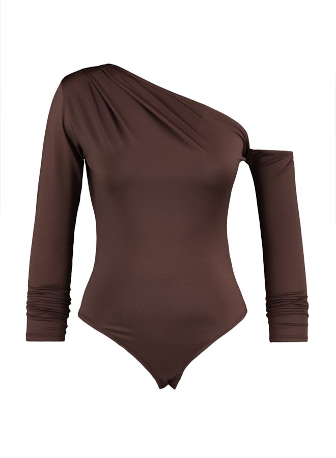 trendyol Brown Asymmetric Collar Long Sleeve Flexible Snaps Knitted Bodysuit TWOAW22BD0080 - Image 5