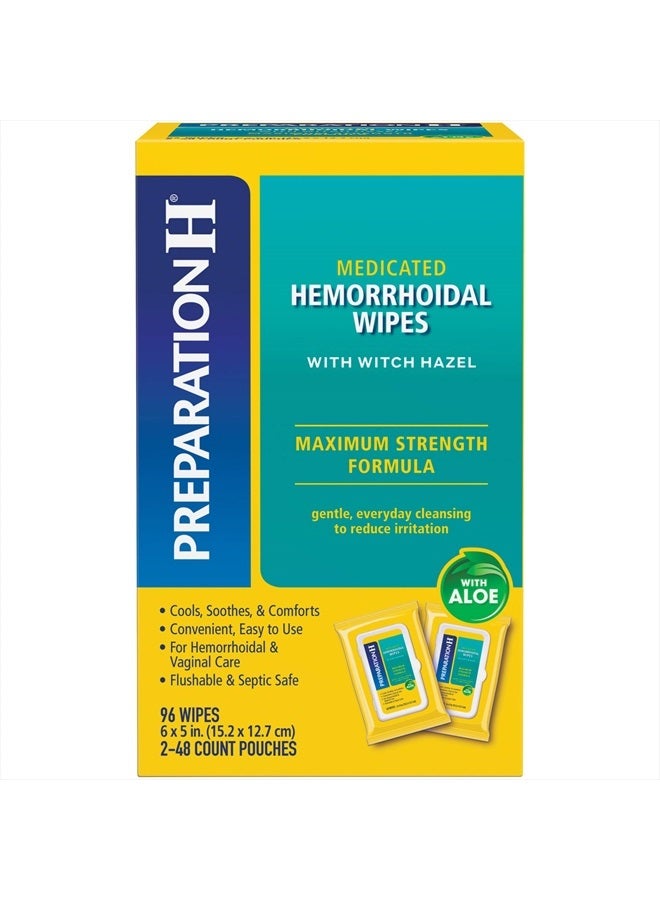 Preparation H مناديل قابلة للشطف للبواسير مع هازيل الساحرة لتخفيف تهيج الجلد (48 مناديل - عبوة من 2) إجمالي - 96 عدد - Image 1