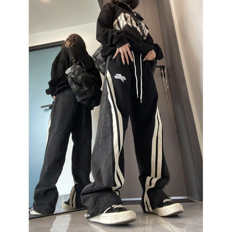 Plus Size Streetwear Denim Joggers for Women Autumn Winter Black - Image 1