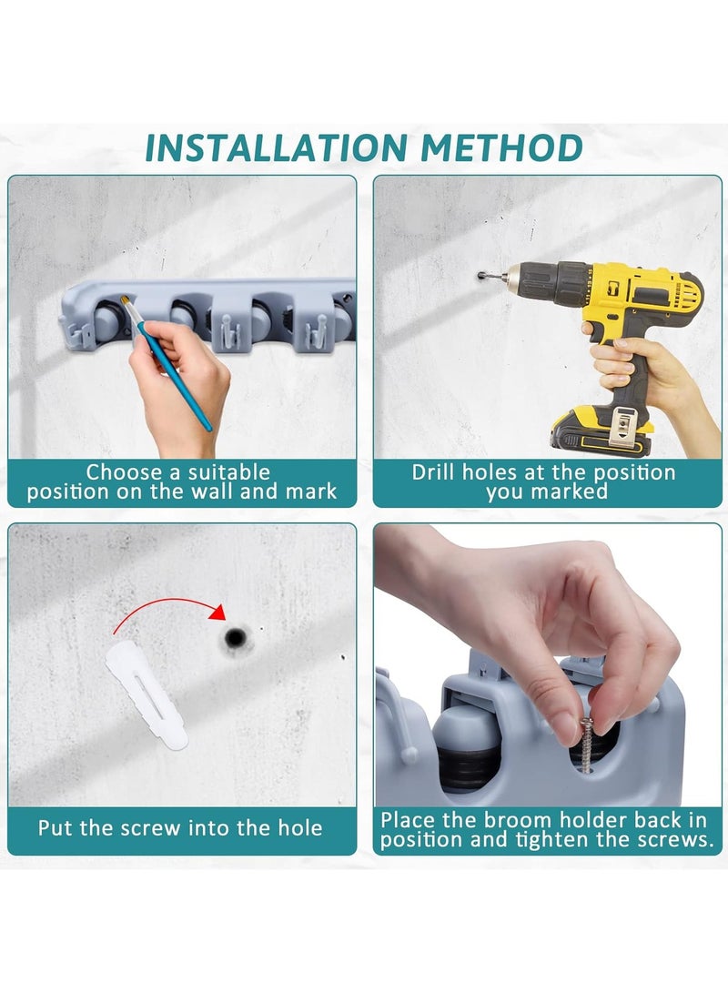 حامل مكنسة أدهافيرا مثبت على الحائط، منظم مرتب وحامل ممسحة، حامل ممسحة ومكنسة، حلول تخزين غرفة المرافق، حامل فرشاة مع 5 أوضاع و6... - Image 3