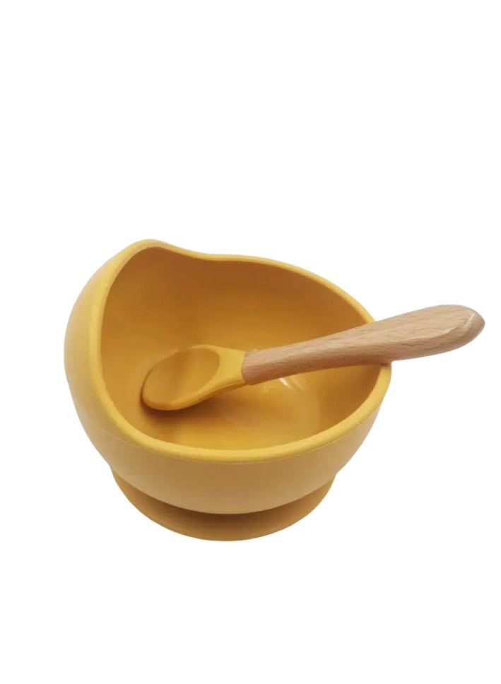 RAKAY Quality Silicone Baby Suction Bowl, Microwave Safe to 200°C, Freezer Safe to -20°C,With a Wooden-handled Spoo，Yellow
