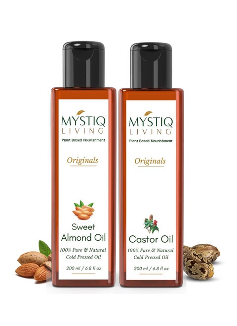 Mystiq Living Combo of Castor Oil Sweet Almond Oil for Hair Growth Mositurised Skin Cold Pressed 100% Pure Natural 200 ML Pack of 2 100 ML Each