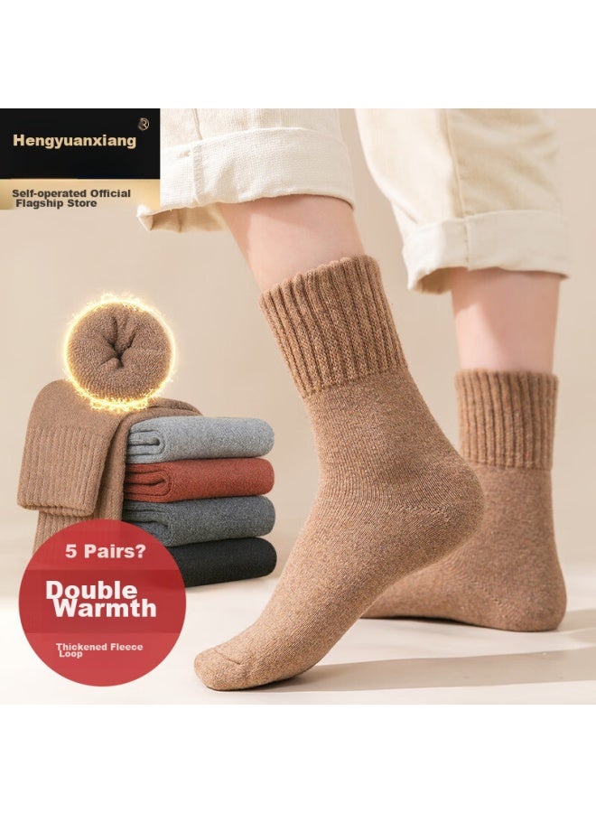 Hengyuanxiang Women's Socks, 5 Pairs, Wool Socks, Autumn And Winter Thickened, Cold-proof, Warm, Mid-calf Socks, Women's Solid Color Snowflake Terry Socks - Image 1