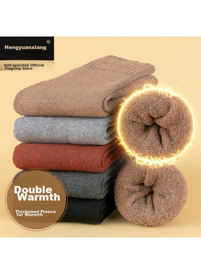 Hengyuanxiang Women's Socks, 5 Pairs, Wool Socks, Autumn And Winter Thickened, Cold-proof, Warm, Mid-calf Socks, Women's Solid Color Snowflake Terry Socks - Image 2