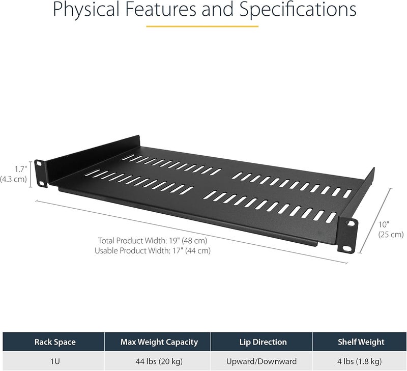 StarTech .com 1U Server Rack Shelf - Universal Vented Rack Mount Cantilever Tray for 19" Network Equipment Rack & Cabinet - Heavy Duty Steel - Weight Capacity 50lb/23kg - 10" Deep, Black (CABSHELFV1U) - Image 2