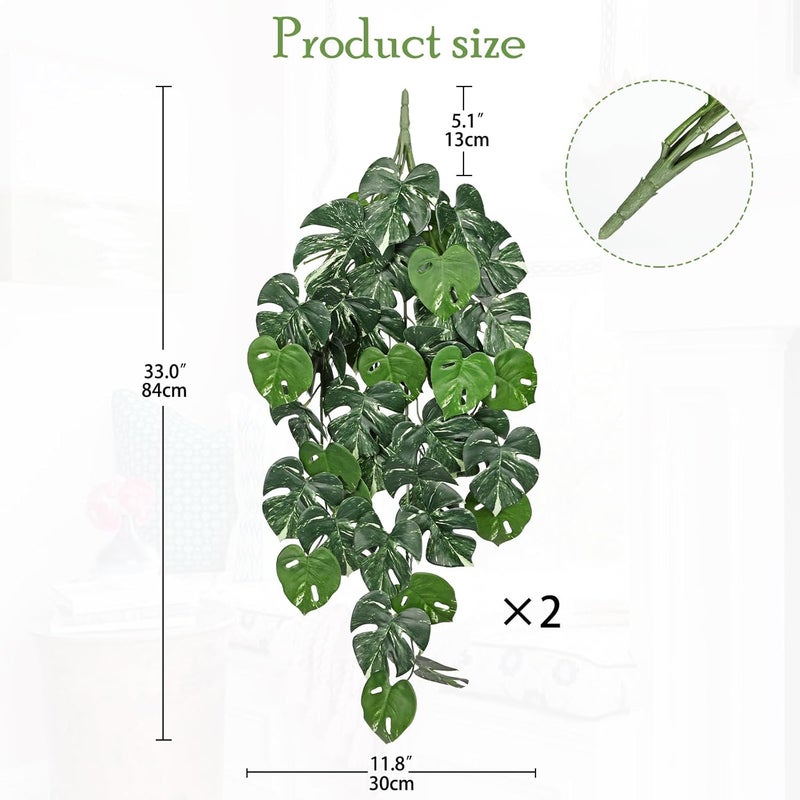 Briful 2PCS Artificial Hanging Plant Faux Monstera Leaf Bush Fake Plants for Wall, Hanging Artificial Plants Fake Greenery for Home Kitchen Bathroom Shelf Decor - Image 2