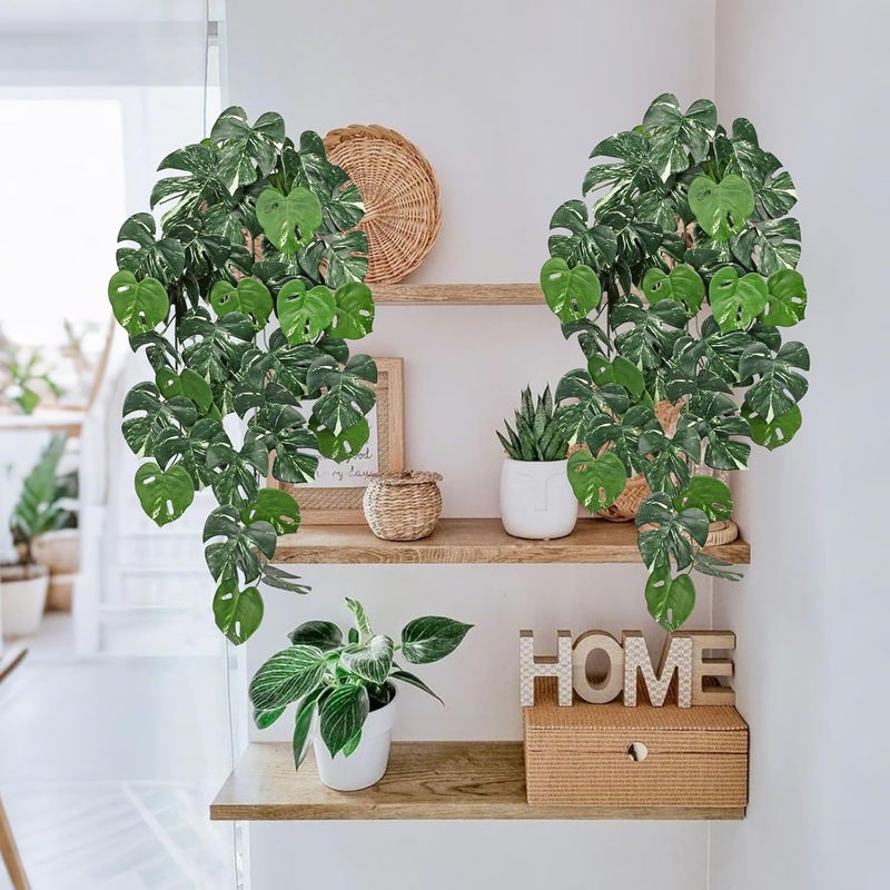 Briful 2PCS Artificial Hanging Plant Faux Monstera Leaf Bush Fake Plants for Wall, Hanging Artificial Plants Fake Greenery for Home Kitchen Bathroom Shelf Decor - Image 4