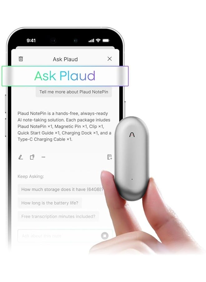 Plaud NotePin Voice Recorder, AI Voice Recorder, App Control, AI Notetaker, AI Transcribe & Summarize, Support 112 Languages, 64GB Memory, Audio Recorder for Lectures, Meetings, Lunar Silver - Image 1