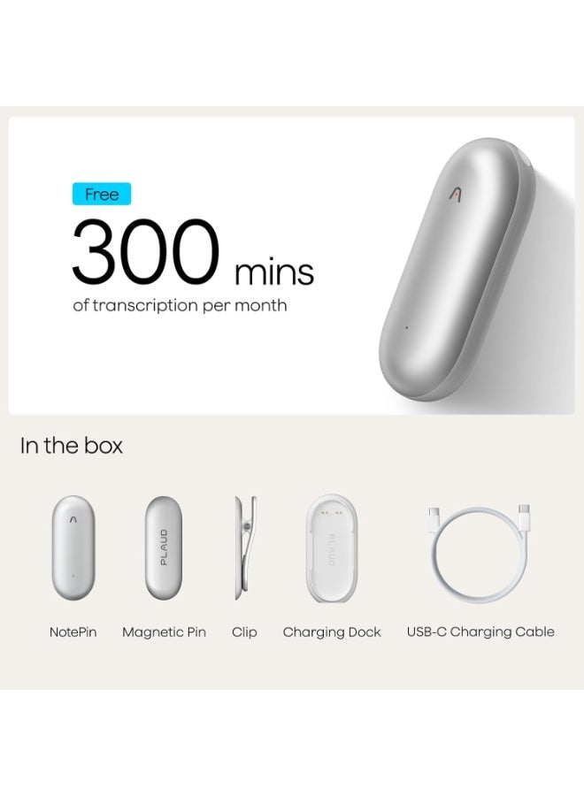 Plaud NotePin Voice Recorder, AI Voice Recorder, App Control, AI Notetaker, AI Transcribe & Summarize, Support 112 Languages, 64GB Memory, Audio Recorder for Lectures, Meetings, Lunar Silver - Image 4