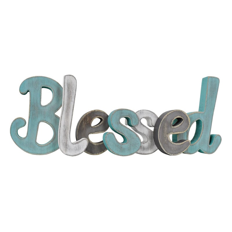 K KILIPES Teal Blessed Wooden Letters Wall Decor Freestanding Cut Out Decorative Wood Word Decor Signs for Living Room Shelf Mantel Table Top Rustic Home Decor 