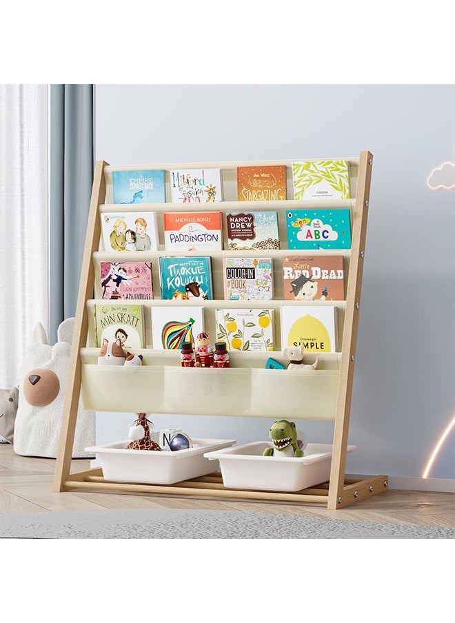 Generic Kids Bookcase, Kids Bookshelf 4 Sling Book Rack and 3 Toys Organizer Shelves Sided Book Display with Storage Classroom Bookshelf 4 Tier Beige  - Image 1