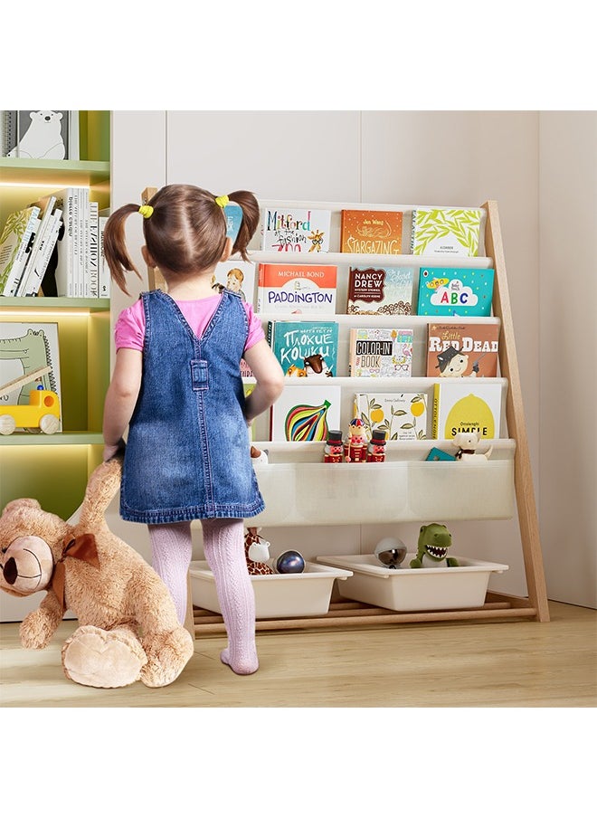 Generic Kids Bookcase, Kids Bookshelf 4 Sling Book Rack and 3 Toys Organizer Shelves Sided Book Display with Storage Classroom Bookshelf 4 Tier Beige  - Image 4