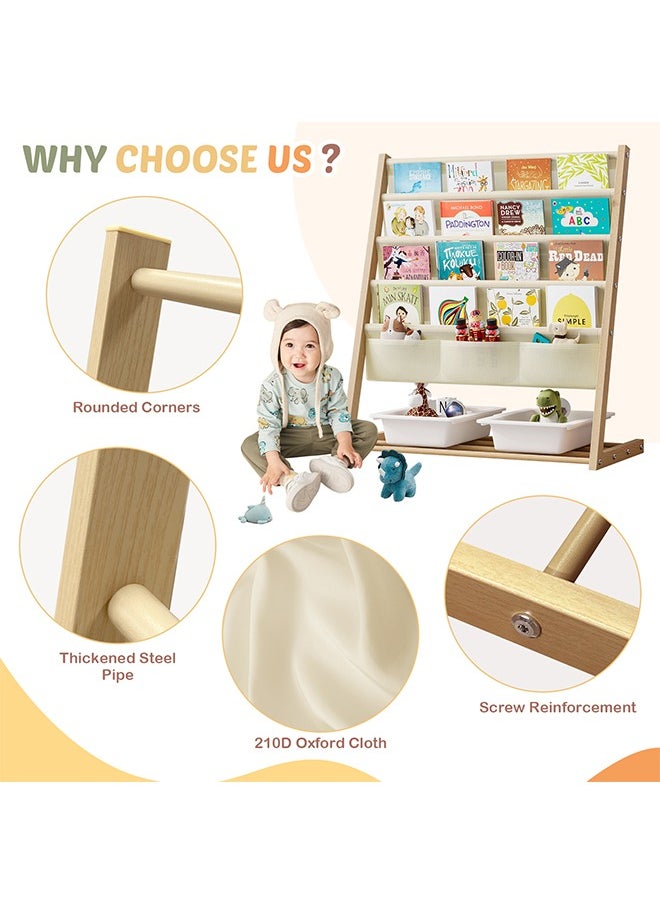 Generic Kids Bookcase, Kids Bookshelf 4 Sling Book Rack and 3 Toys Organizer Shelves Sided Book Display with Storage Classroom Bookshelf 4 Tier Beige  - Image 5