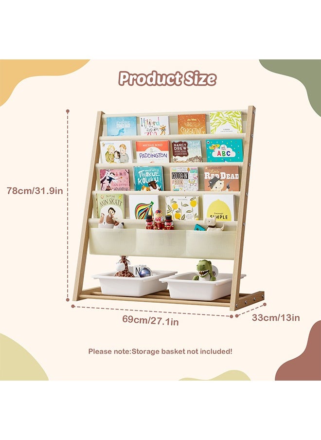 Generic Kids Bookcase, Kids Bookshelf 4 Sling Book Rack and 3 Toys Organizer Shelves Sided Book Display with Storage Classroom Bookshelf 4 Tier Beige  - Image 3