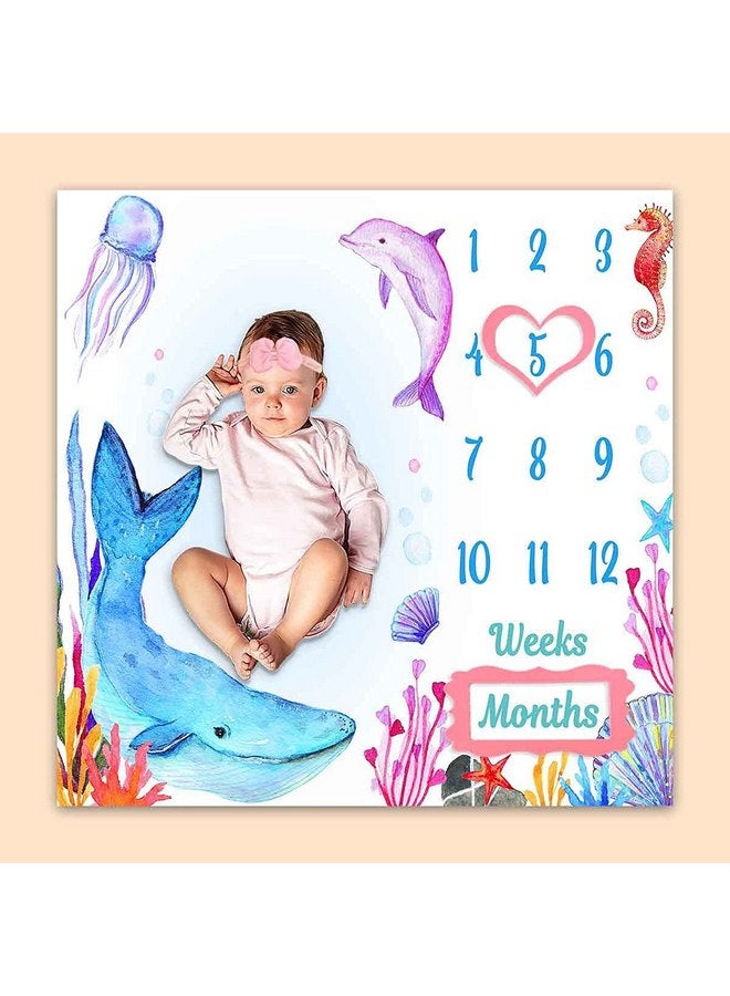 PHMOJEN PHMOJEN Under The Sea Baby Monthly Milestone Blanket, Blue Whale Purple Dolphin Jellyfish Seahorse, Newborns 1 to 12 Months Unisex Include 4 Frames and 1 Headband 47"x47"BTLSPH538  - Image 1