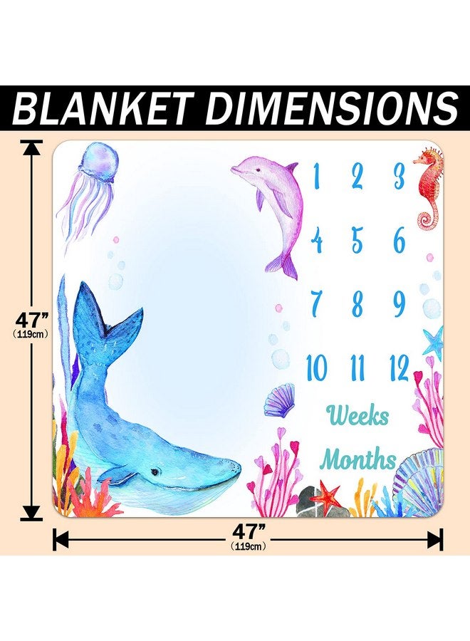 PHMOJEN PHMOJEN Under The Sea Baby Monthly Milestone Blanket, Blue Whale Purple Dolphin Jellyfish Seahorse, Newborns 1 to 12 Months Unisex Include 4 Frames and 1 Headband 47"x47"BTLSPH538  - Image 3