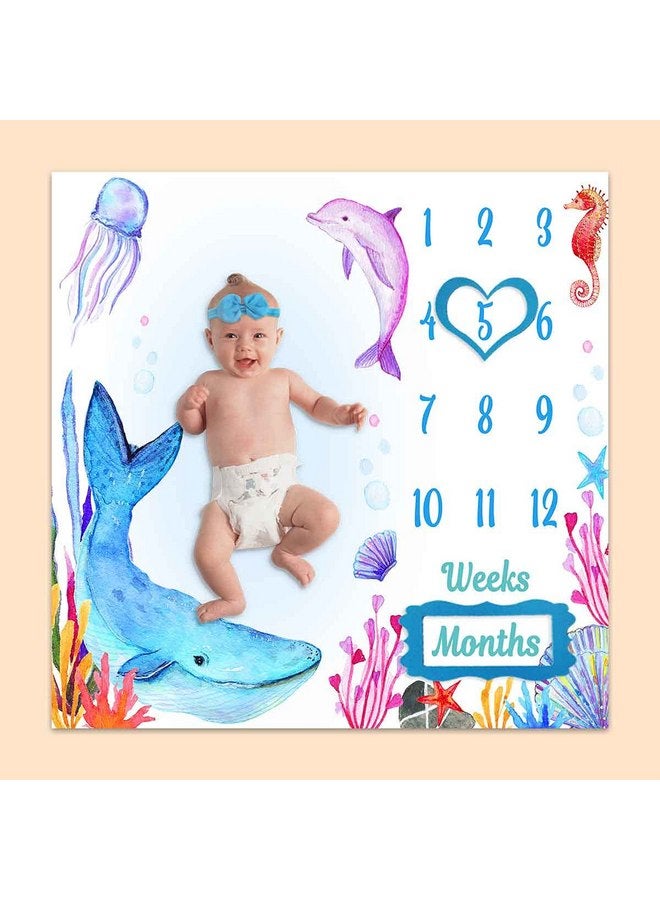 PHMOJEN PHMOJEN Under The Sea Baby Monthly Milestone Blanket, Blue Whale Purple Dolphin Jellyfish Seahorse, Newborns 1 to 12 Months Unisex Include 4 Frames and 1 Headband 47"x47"BTLSPH538  - Image 4