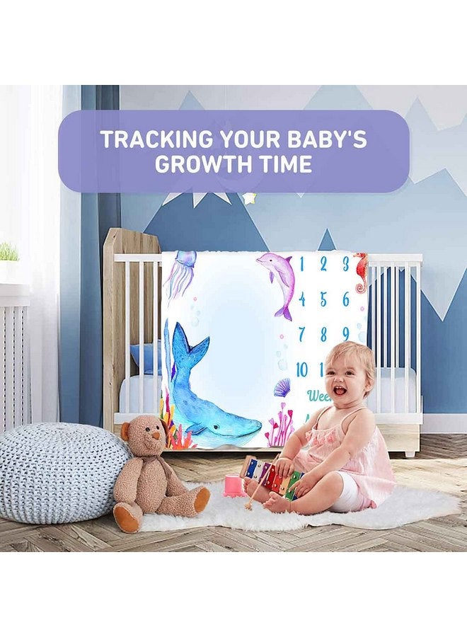 PHMOJEN PHMOJEN Under The Sea Baby Monthly Milestone Blanket, Blue Whale Purple Dolphin Jellyfish Seahorse, Newborns 1 to 12 Months Unisex Include 4 Frames and 1 Headband 47"x47"BTLSPH538  - Image 5