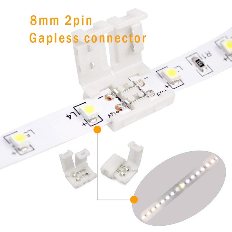 FSJEE 2Pin 8mm LED Strip Connector Kit Include L Shape 2 Pin Right Angle Corner Connector, T Shape Connector, Solderless Gapless Connector, Strip to Strip Jumper Wires for 2Pin 8mm 3528/2835 LED Strip - Image 3